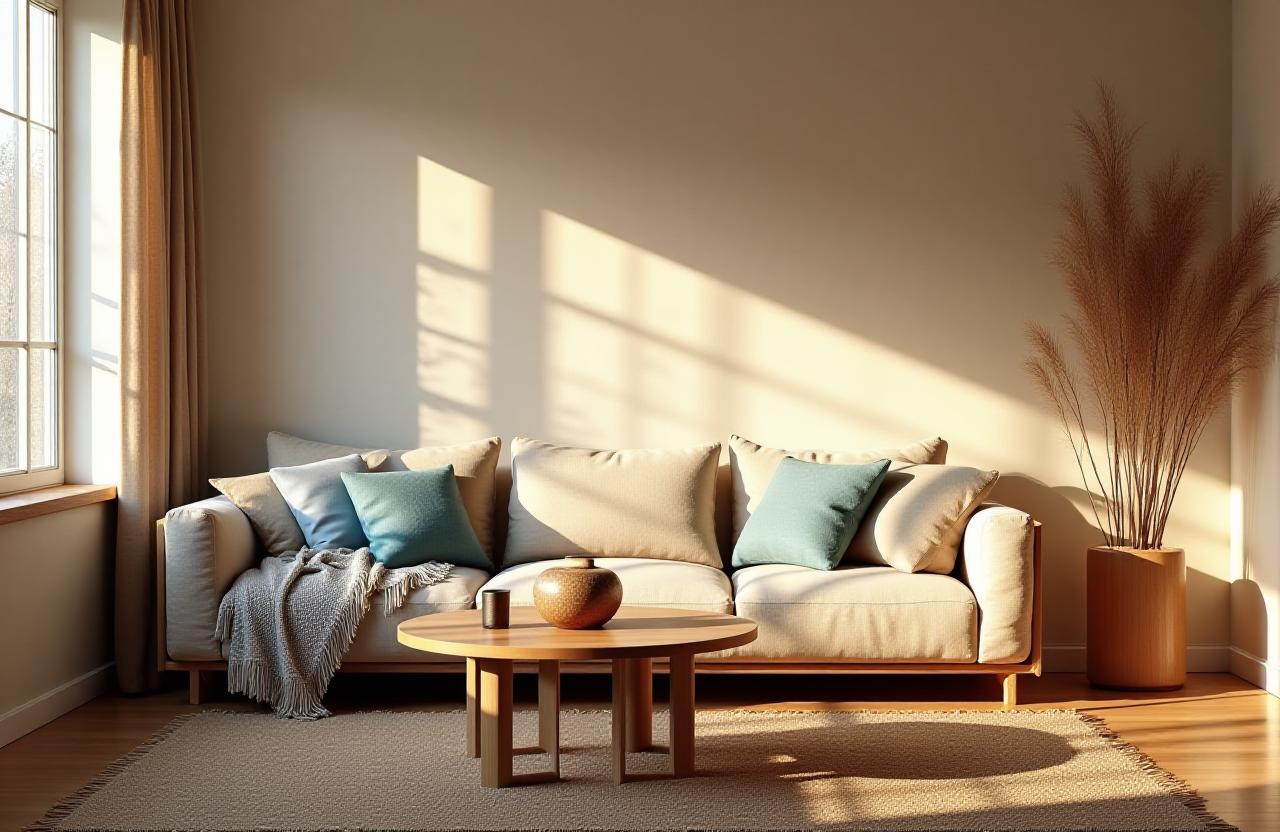 Un soggiorno arredato in stile accogliente e sereno con texture morbide